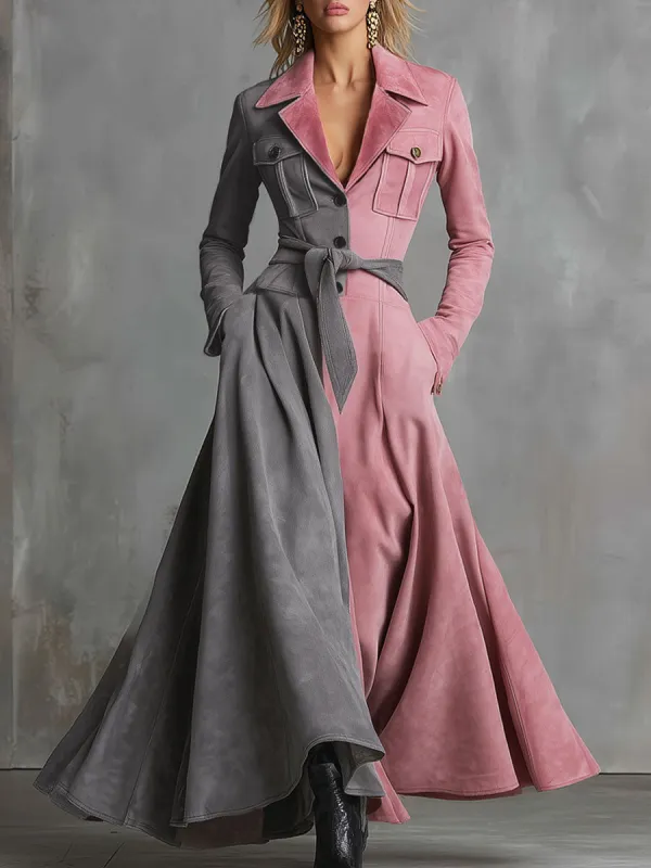 Western-style Multi-pocket Single-breasted Color-blocked Faux Suede Maxi Dress sold by Oyrosy