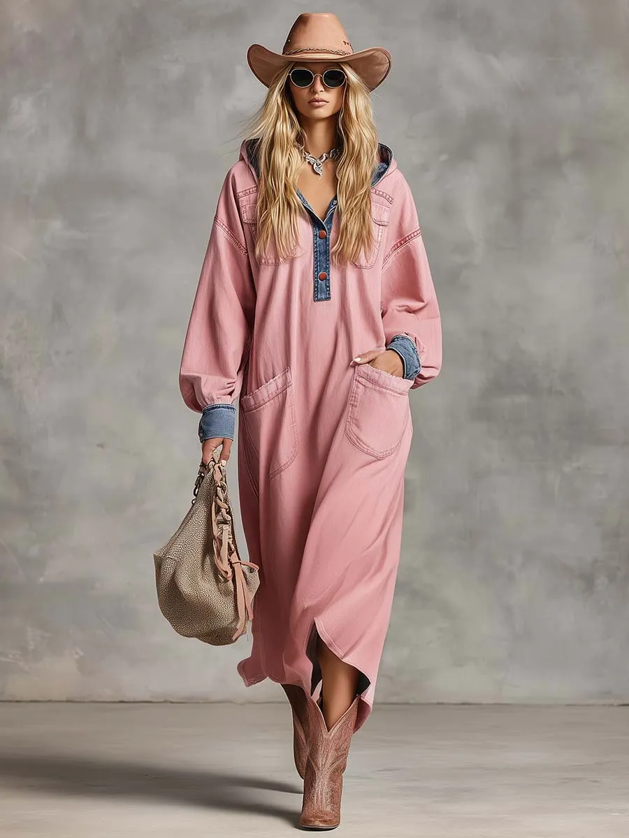 Retro Fashion Hooded Front Buckle Blue Denim-trimmed Pink Denim Midi Dress sold by Oyrosy product image thumbnail 2