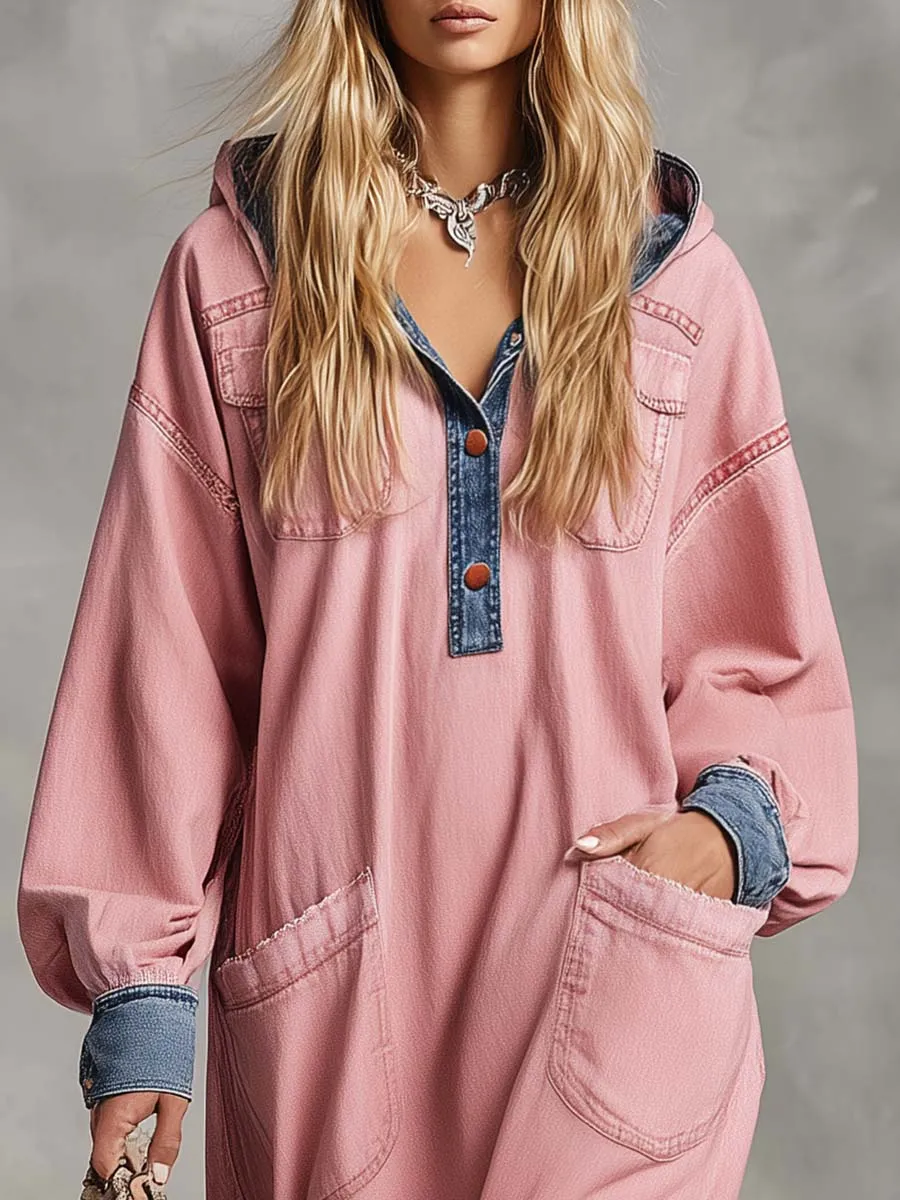 Retro Fashion Hooded Front Buckle Blue Denim-trimmed Pink Denim Midi Dress sold by Oyrosy product image thumbnail 3