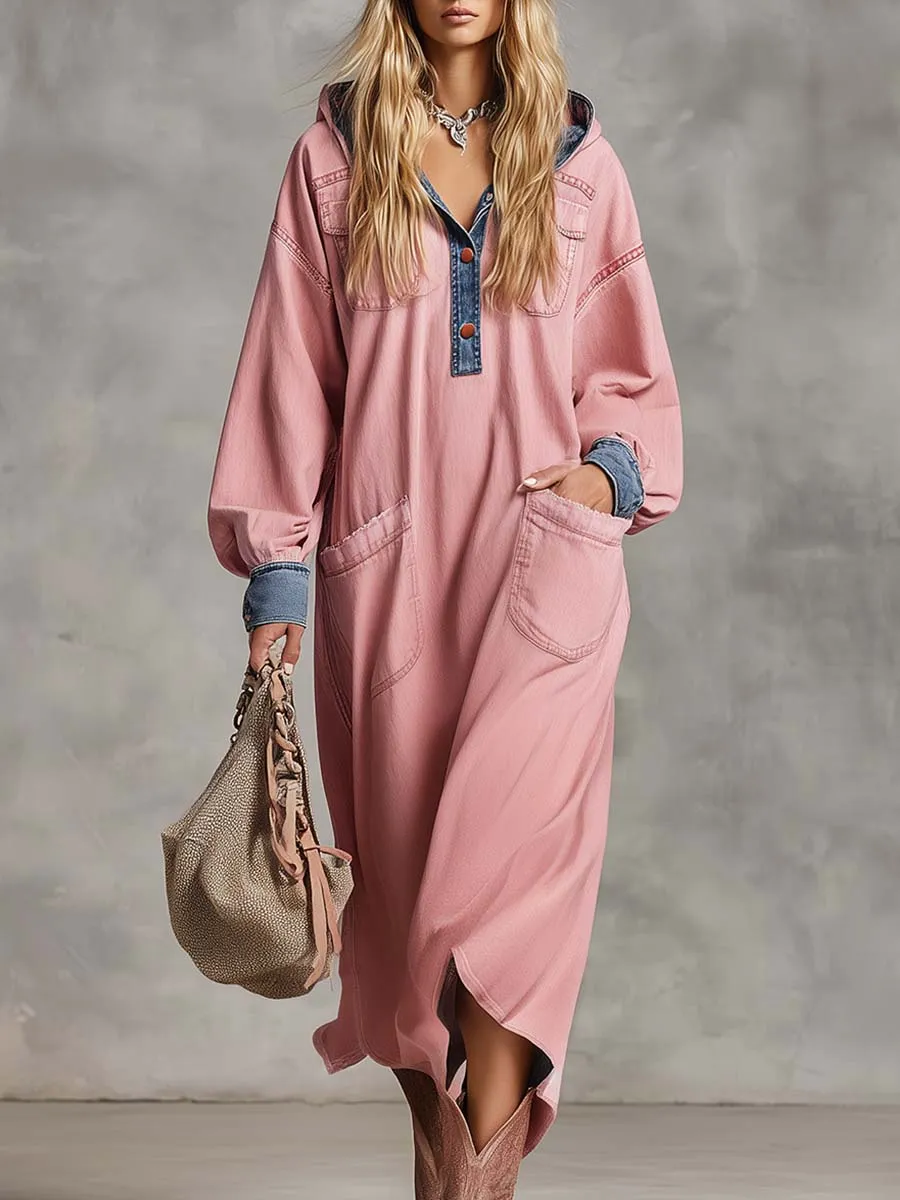 Retro Fashion Hooded Front Buckle Blue Denim-trimmed Pink Denim Midi Dress sold by Oyrosy