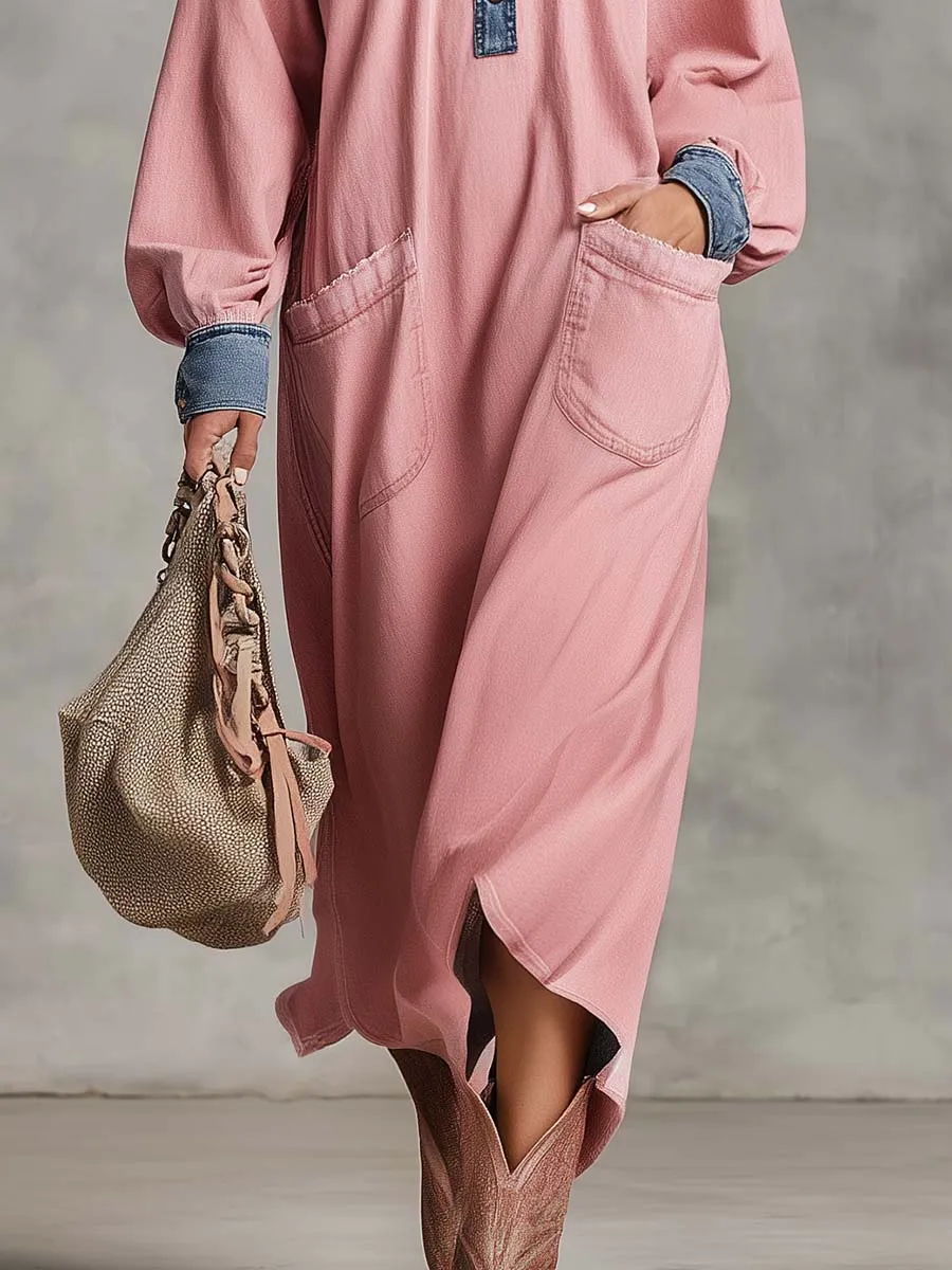 Retro Fashion Hooded Front Buckle Blue Denim-trimmed Pink Denim Midi Dress sold by Oyrosy product image thumbnail 4