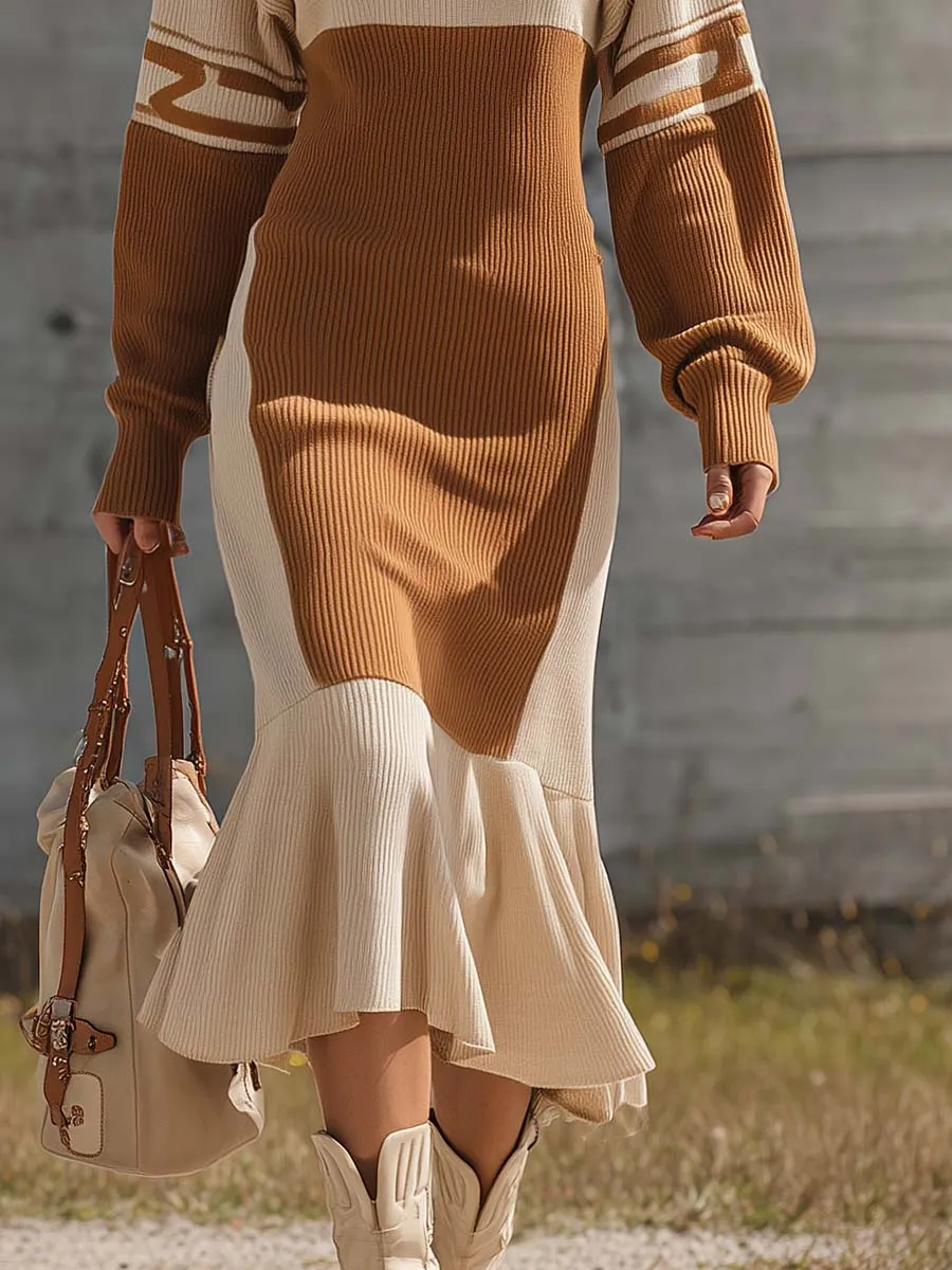 Retro Fashion Sports Beige And Brown Contrast Fishtail Hem Knit Midi Dress sold by Oyrosy product image thumbnail 4