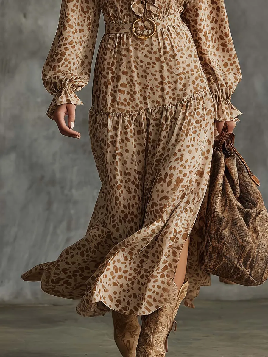 Western Vintage Ruffled V-neck Beige Leopard Print Slit Maxi Dress sold by Oyrosy product image thumbnail 4