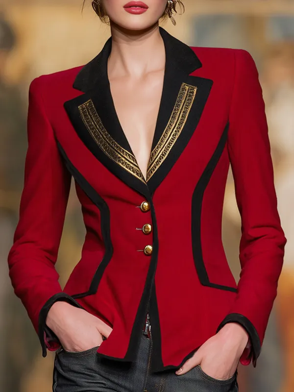 Lapel Contrasting Trim Single-breasted Woolen Blazer sold by Oyrosy
