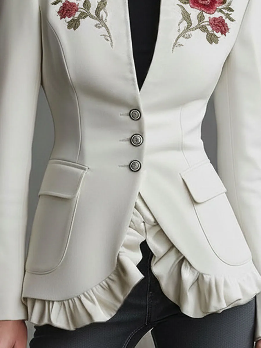 Stand-up Collar Single-breasted Double-pocket Rose-embroidered Woolen Blazer sold by Oyrosy product image thumbnail 3