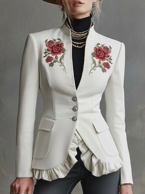 Stand-up Collar Single-breasted Double-pocket Rose-embroidered Woolen Blazer sold by Oyrosy