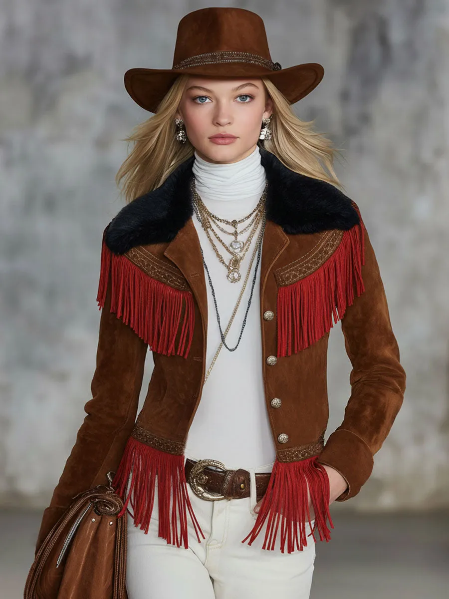 Fleece Collar Single-breasted Color-blocked Tassel Faux Suede Jacket sold by Oyrosy product image thumbnail 4