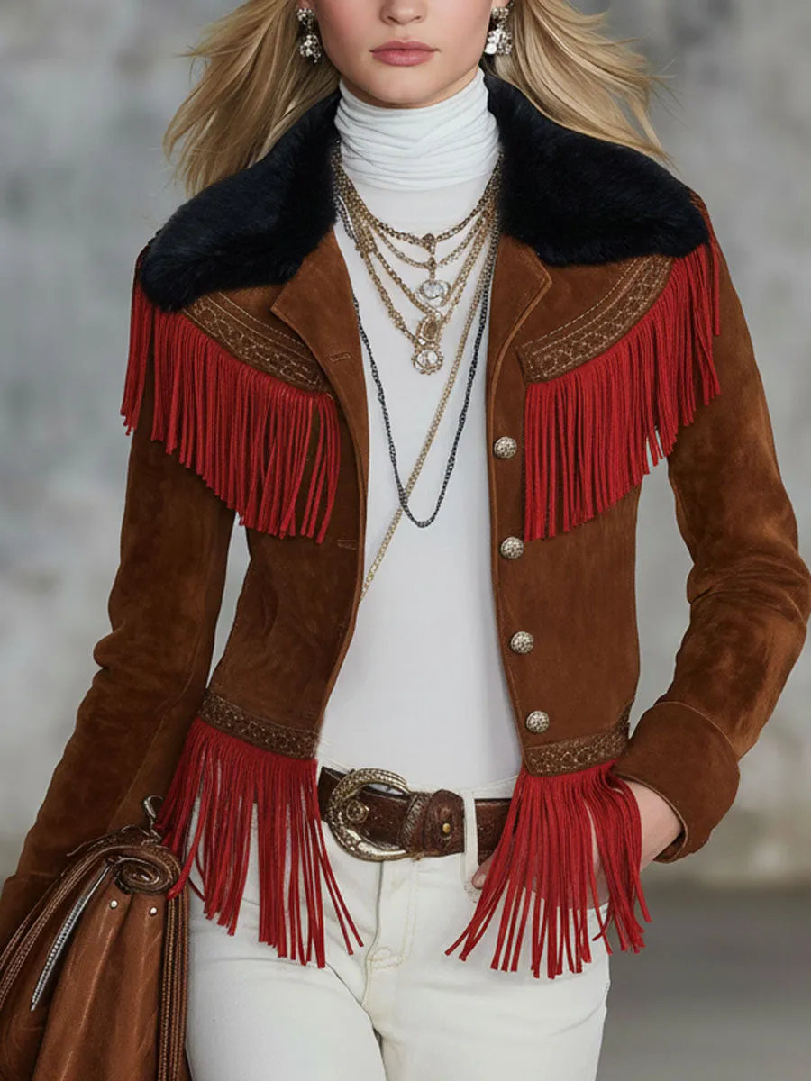 Fleece Collar Single-breasted Color-blocked Tassel Faux Suede Jacket sold by Oyrosy