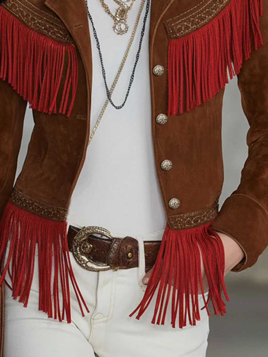 Fleece Collar Single-breasted Color-blocked Tassel Faux Suede Jacket sold by Oyrosy product image thumbnail 3