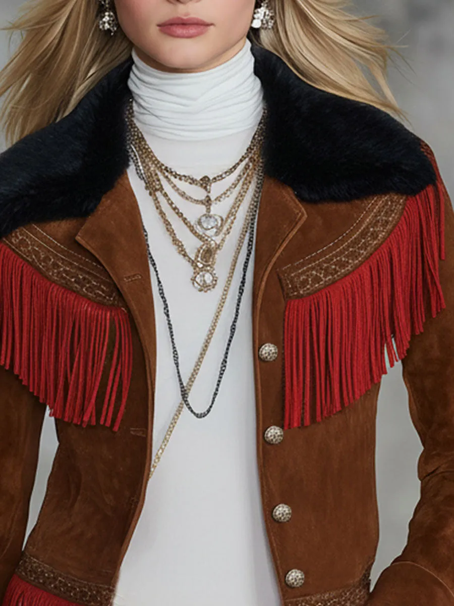 Fleece Collar Single-breasted Color-blocked Tassel Faux Suede Jacket sold by Oyrosy product image thumbnail 2