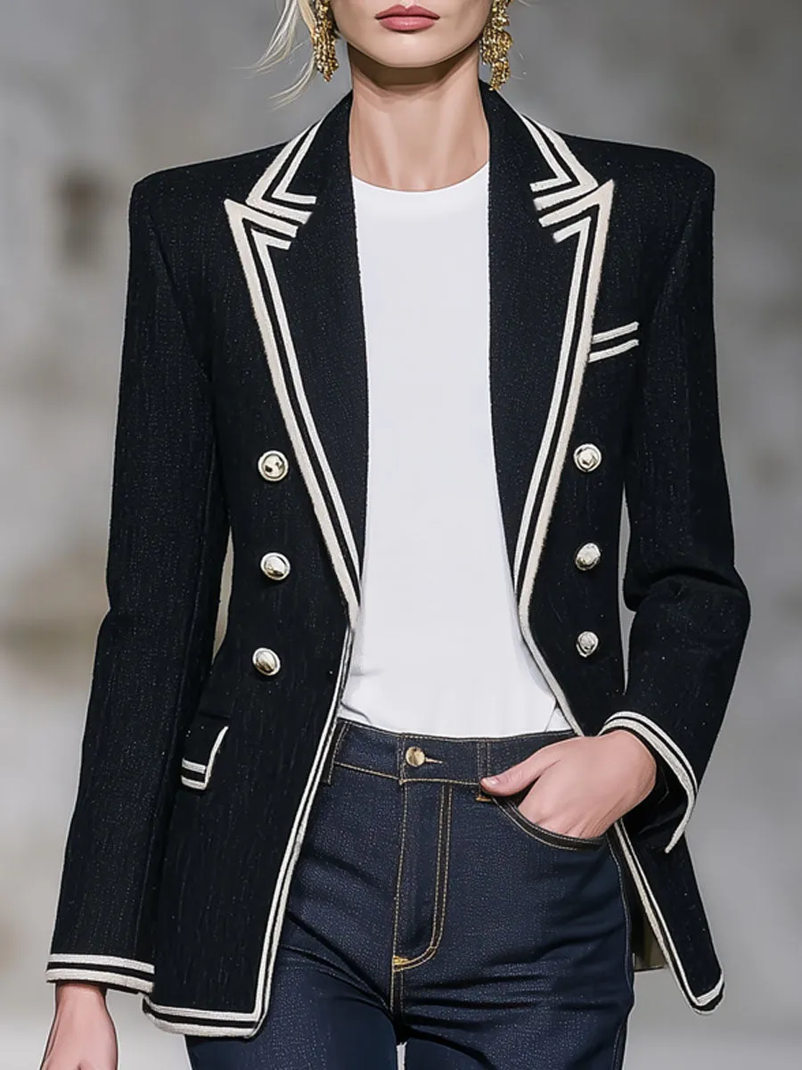 Lapel Color-blocked Webbing Double-breasted Denim Blazer sold by Oyrosy