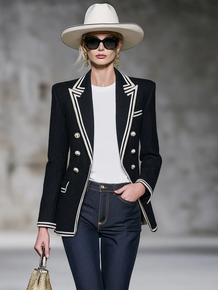 Lapel Color-blocked Webbing Double-breasted Denim Blazer sold by Oyrosy product image thumbnail 4