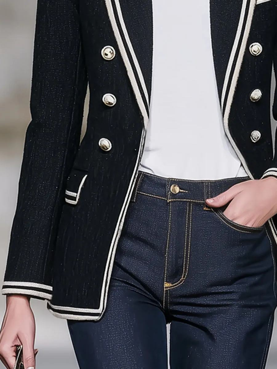 Lapel Color-blocked Webbing Double-breasted Denim Blazer sold by Oyrosy product image thumbnail 3