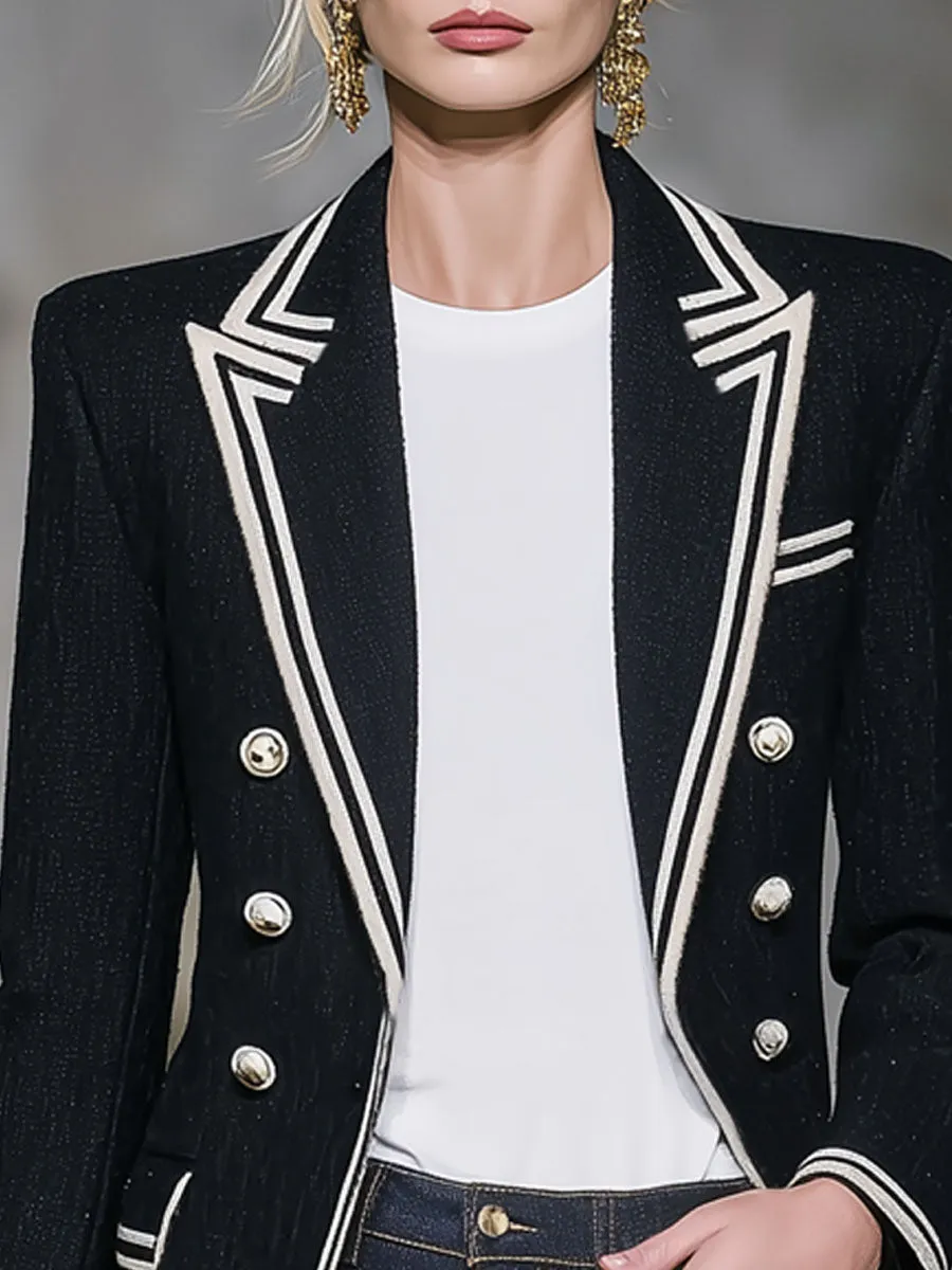 Lapel Color-blocked Webbing Double-breasted Denim Blazer sold by Oyrosy product image thumbnail 2