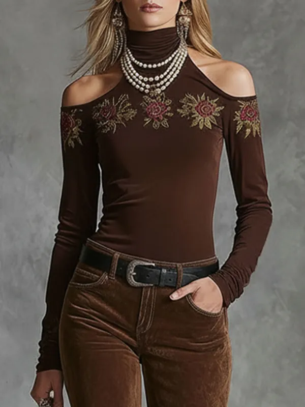 High-neckoff-shoulder Rose-embroidered All-cotton Long-sleeved T-shirt sold by Oyrosy