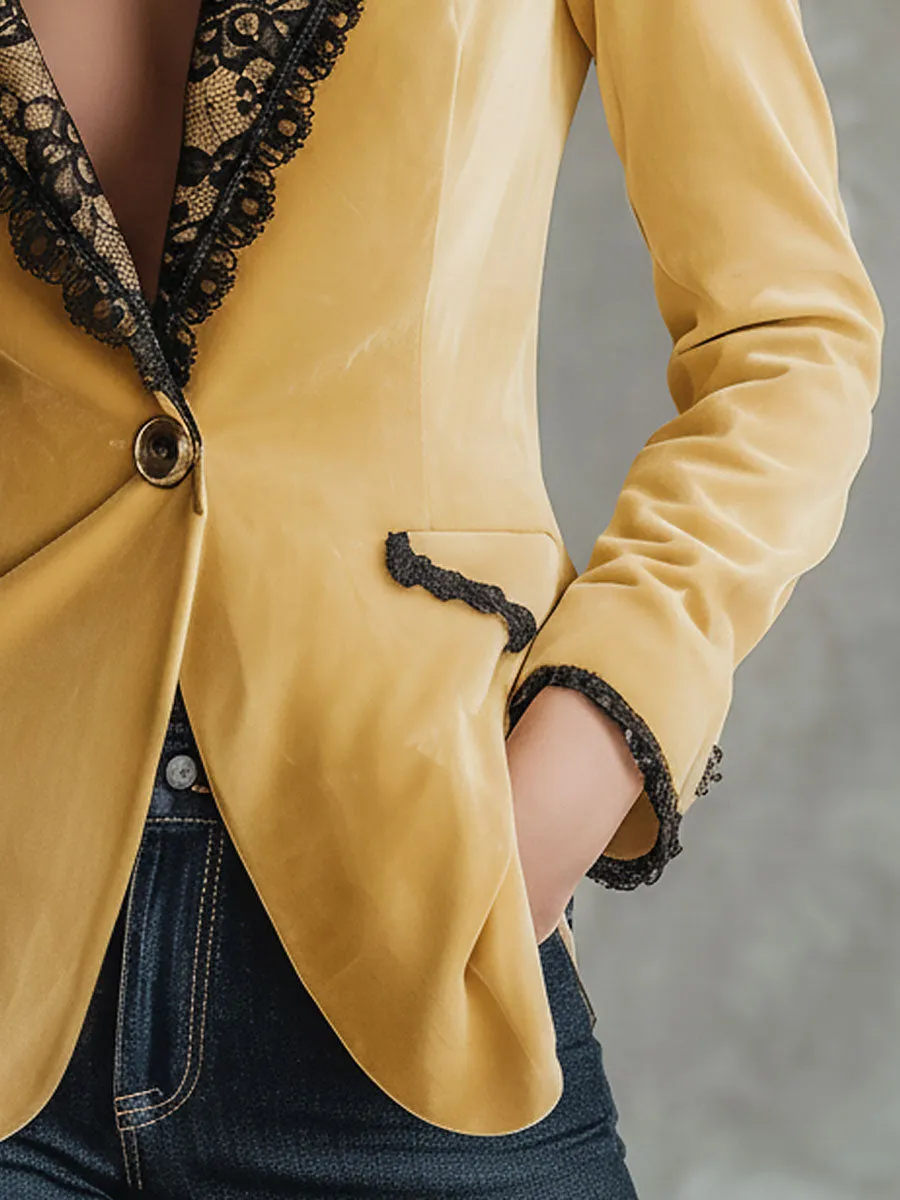 Stylish Retro Black Lace Yellow Velvet Blazer sold by Oyrosy product image thumbnail 4