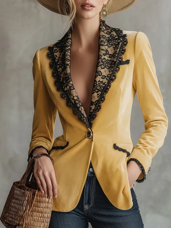 Stylish Retro Black Lace Yellow Velvet Blazer sold by Oyrosy