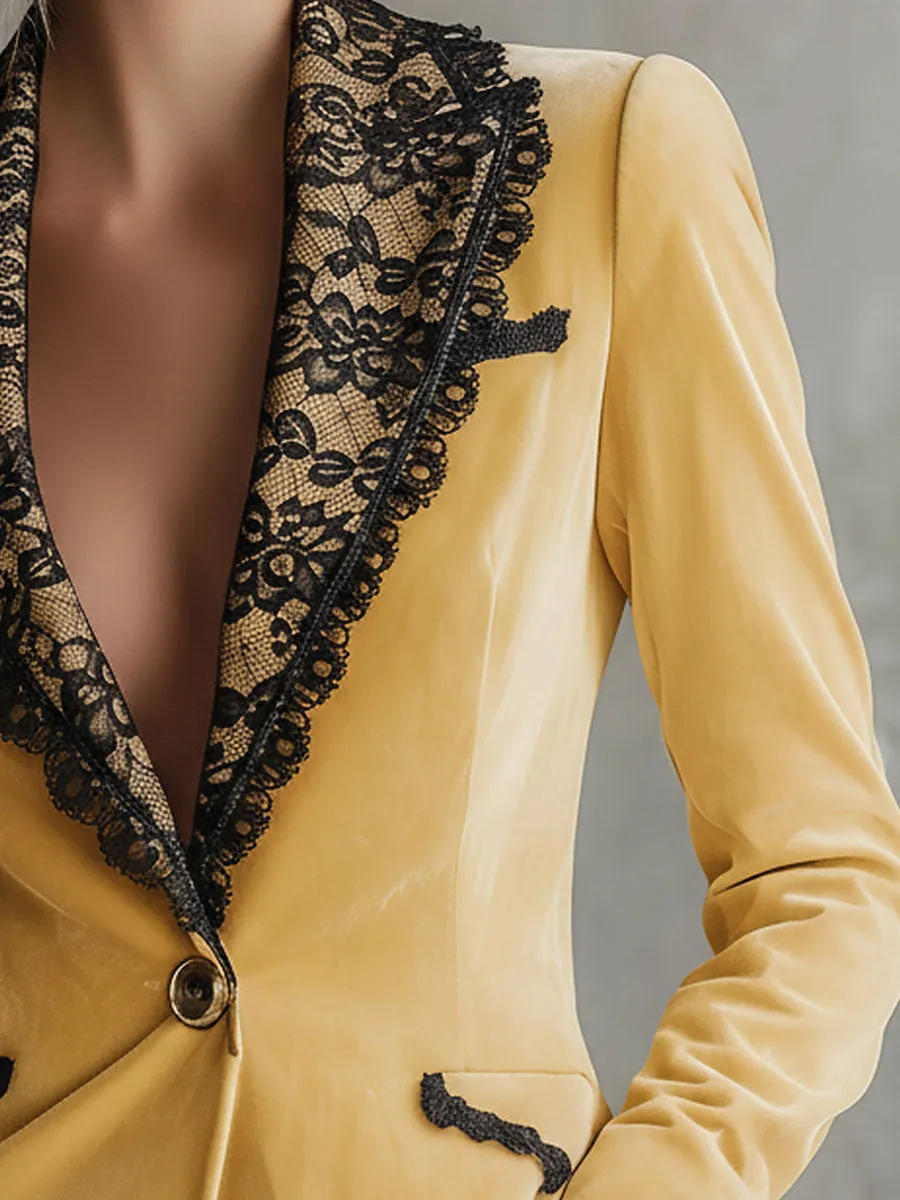 Stylish Retro Black Lace Yellow Velvet Blazer sold by Oyrosy product image thumbnail 3