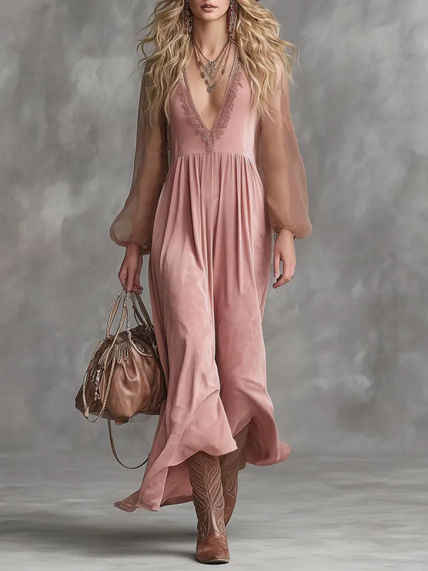 Western Retro Loose-fitting Sheer-sleeved Pink Faux Suede V-neck Maxi Dress sold by Oyrosy