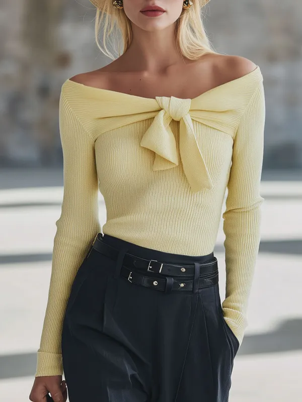 Stylish And Elegant Yellow Off-shoulder Neckline Bow Knit Shirt sold by Oyrosy