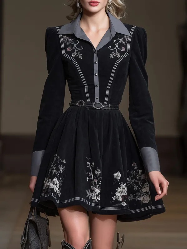 Western-style Black Faux Suede Patchwork Gray Embroidered Ribbon Mini Dress sold by Oyrosy