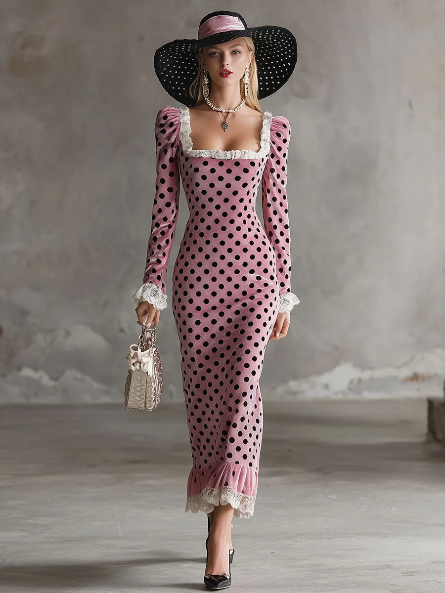 Elegant Retro White Lace Pink Velvet Polka Dot Print Midi Dress sold by Oyrosy product image thumbnail 2