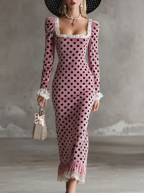 Elegant Retro White Lace Pink Velvet Polka Dot Print Midi Dress sold by Oyrosy