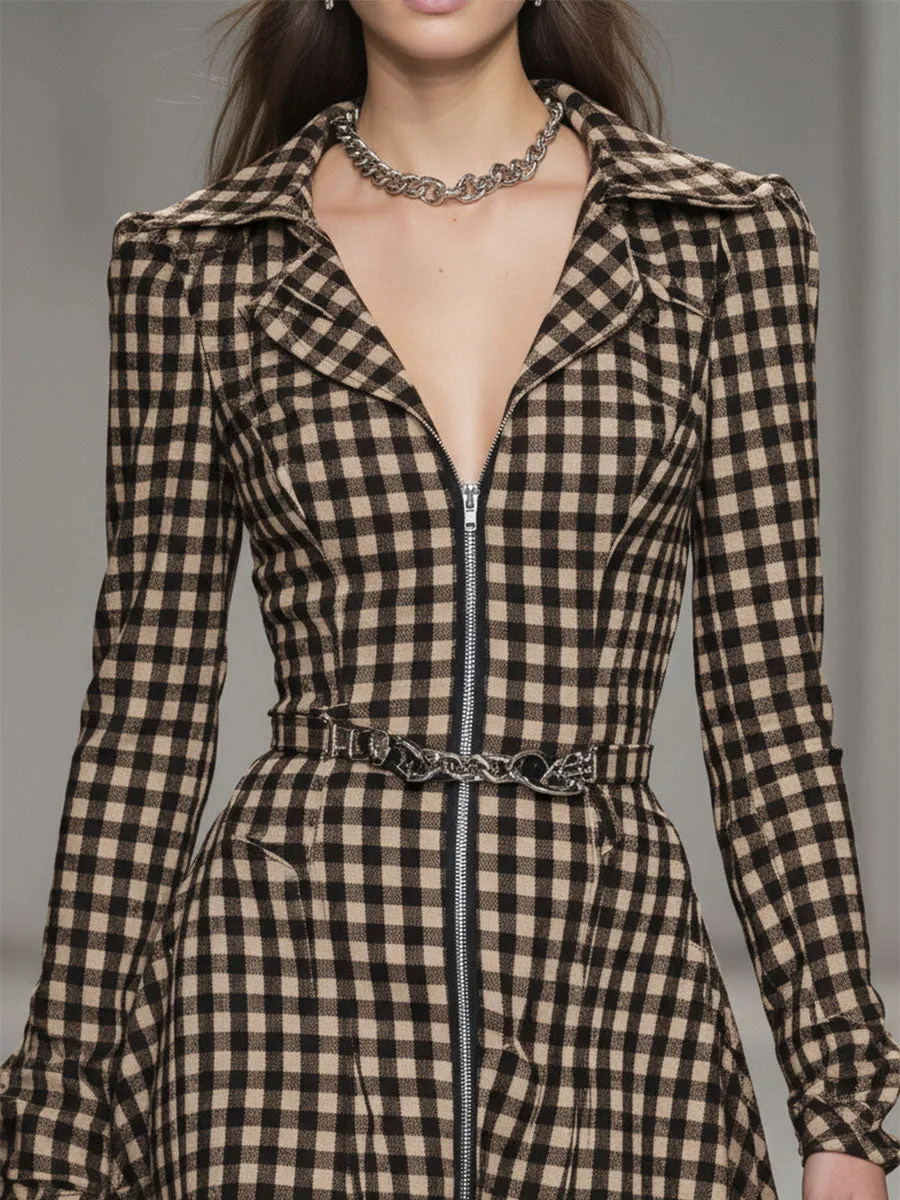 Classic Brown Plaid Zip-up Midi Dress sold by Oyrosy product image thumbnail 4