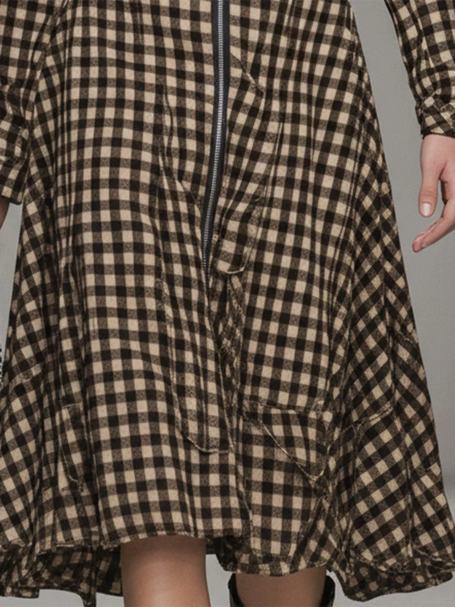 Classic Brown Plaid Zip-up Midi Dress sold by Oyrosy product image thumbnail 3