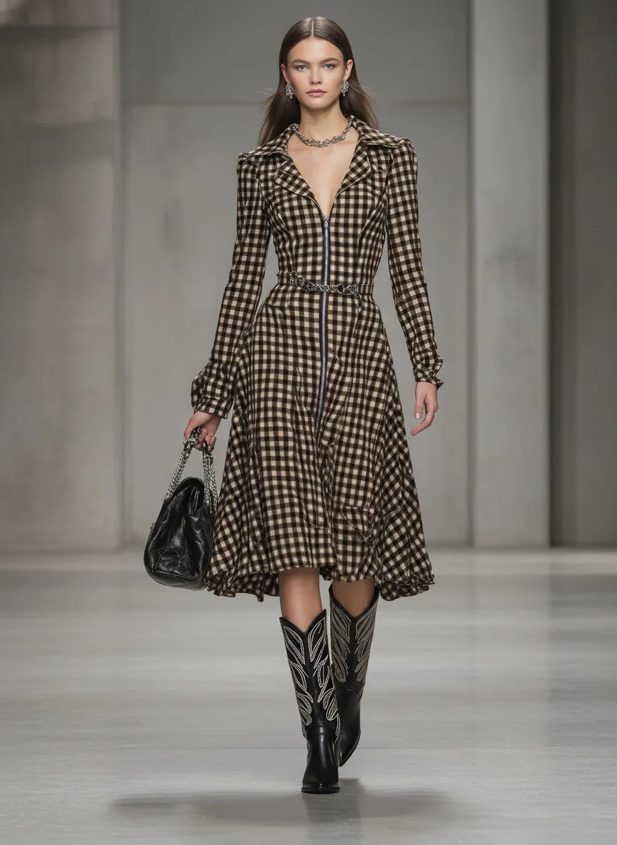 Classic Brown Plaid Zip-up Midi Dress sold by Oyrosy product image thumbnail 2