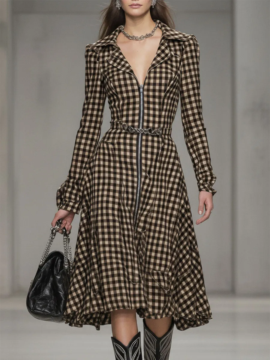 Classic Brown Plaid Zip-up Midi Dress sold by Oyrosy