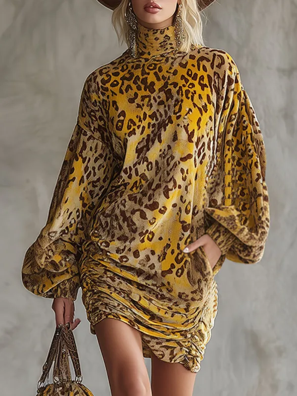 Retro Loose-fitting Yellow Leopard Print Velvet Print Turtleneck Mini Dress sold by Oyrosy