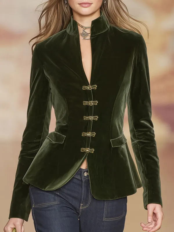 Elegant Retro Gold-buttoned Dark Green Velvet Blazer sold by Oyrosy