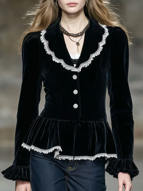 Elegant Retro Lace-trimmed Black Velvet Ruffled Blazer sold by Oyrosy