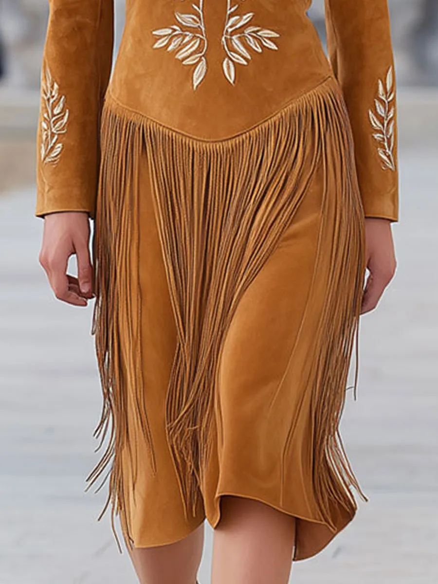 Western-style Vintage Leaf Embroidery Caramel Faux Suede Tassel Midi Dress sold by Oyrosy product image thumbnail 3