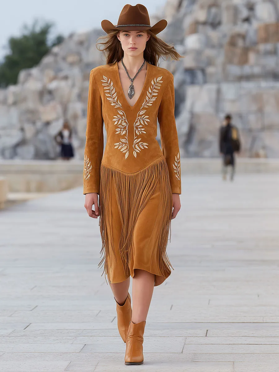Western-style Vintage Leaf Embroidery Caramel Faux Suede Tassel Midi Dress sold by Oyrosy product image thumbnail 2
