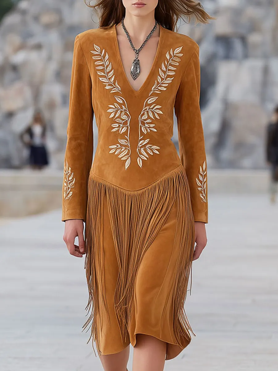 Western-style Vintage Leaf Embroidery Caramel Faux Suede Tassel Midi Dress sold by Oyrosy
