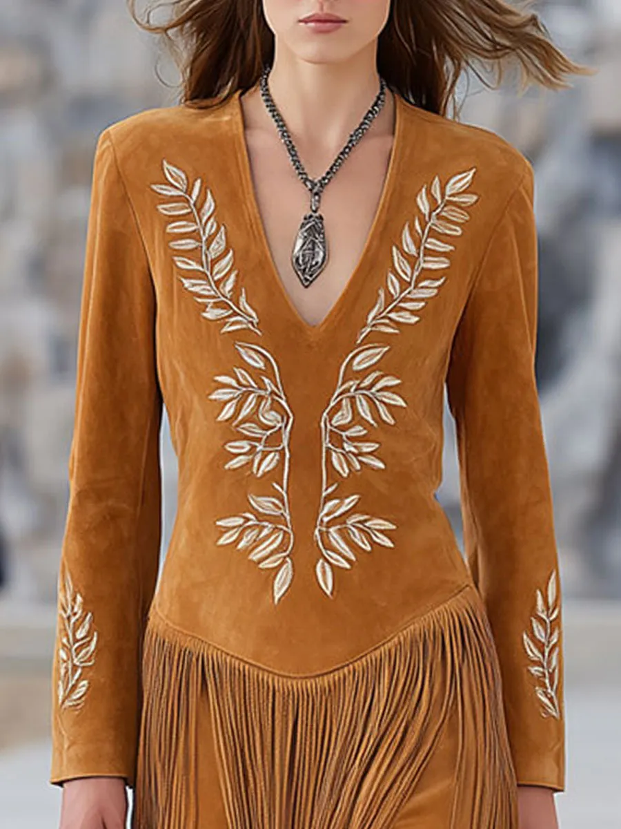 Western-style Vintage Leaf Embroidery Caramel Faux Suede Tassel Midi Dress sold by Oyrosy product image thumbnail 4