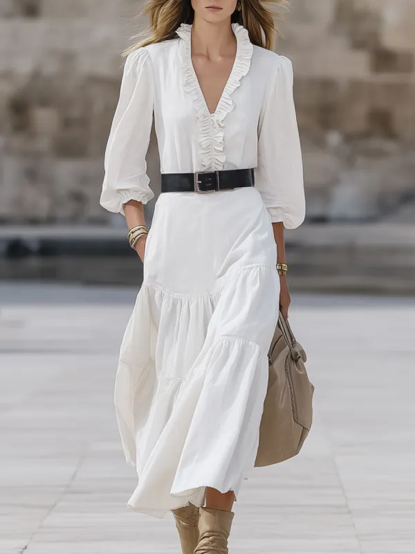Fashionable Retro White Cotton V-neck Ruffled Long-sleeved Midi Dress sold by Oyrosy