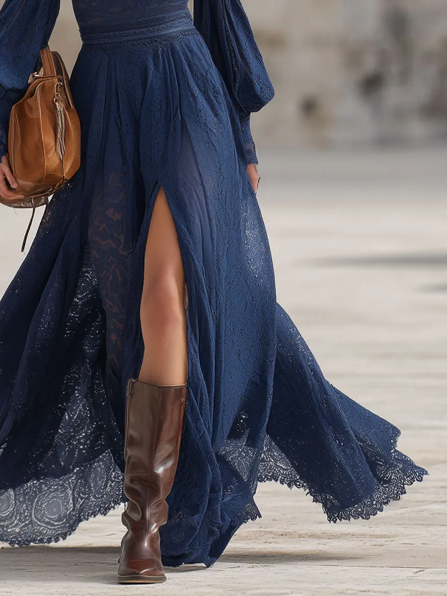 Fashionable Retro V-neck Long-sleeved Slit Navy Blue Lace Maxi Dress sold by Oyrosy product image thumbnail 4