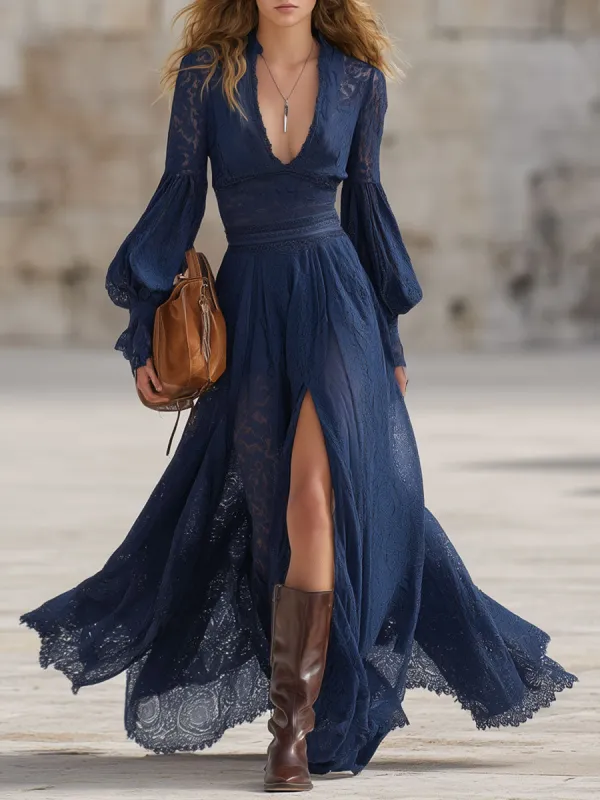 Fashionable Retro V-neck Long-sleeved Slit Navy Blue Lace Maxi Dress sold by Oyrosy