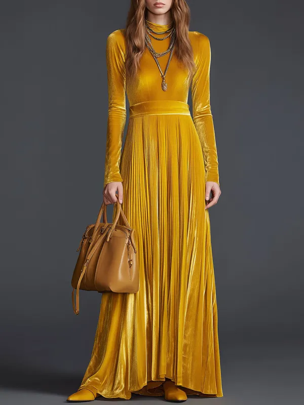 Elegant Retro High-neck Yellow Velvet Long-sleeved Pleated Maxi Dress sold by Oyrosy