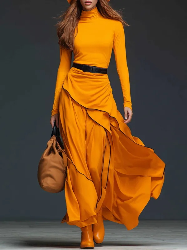 Fashionable Retro High-neck Orange Cotton Long-sleeved Maxi Dress sold by Oyrosy