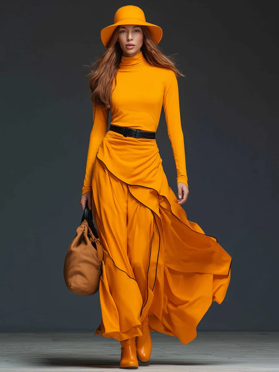 Fashionable Retro High-neck Orange Cotton Long-sleeved Maxi Dress sold by Oyrosy product image thumbnail 2