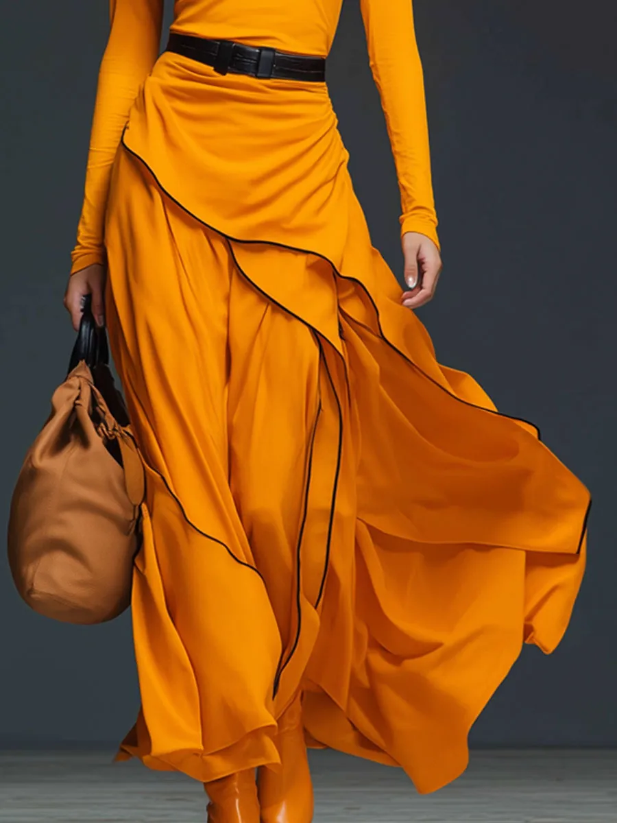 Fashionable Retro High-neck Orange Cotton Long-sleeved Maxi Dress sold by Oyrosy product image thumbnail 4