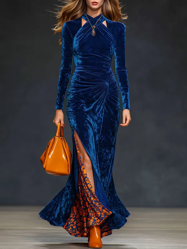 Elegant Retro Navy Blue Diamond Velvet Pleated Leopard Print Maxi Dress sold by Oyrosy