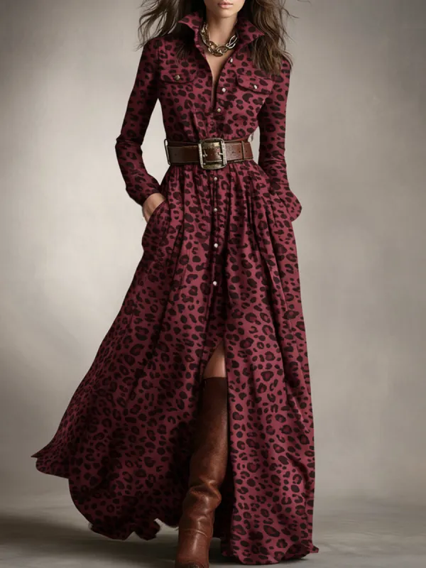 Retro Ethnic Style Raspberry Red Leopard Print Faux Suede Maxi Dress sold by Oyrosy