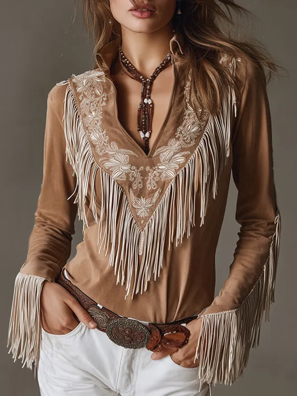 Retro Western Khaki Collared Embroidered Tassel Shirt sold by Oyrosy