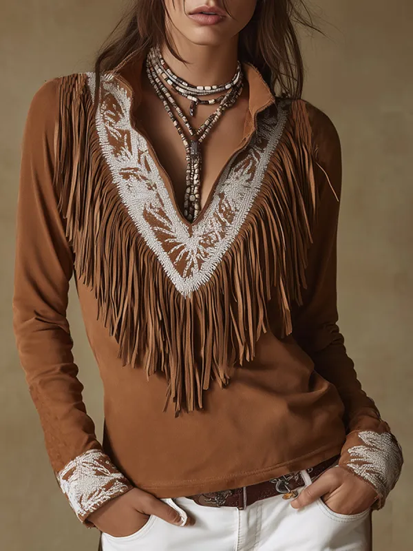 Vintage Western Style Exquisite Embroidered Tassel Brown Faux Suede Shirt sold by Oyrosy