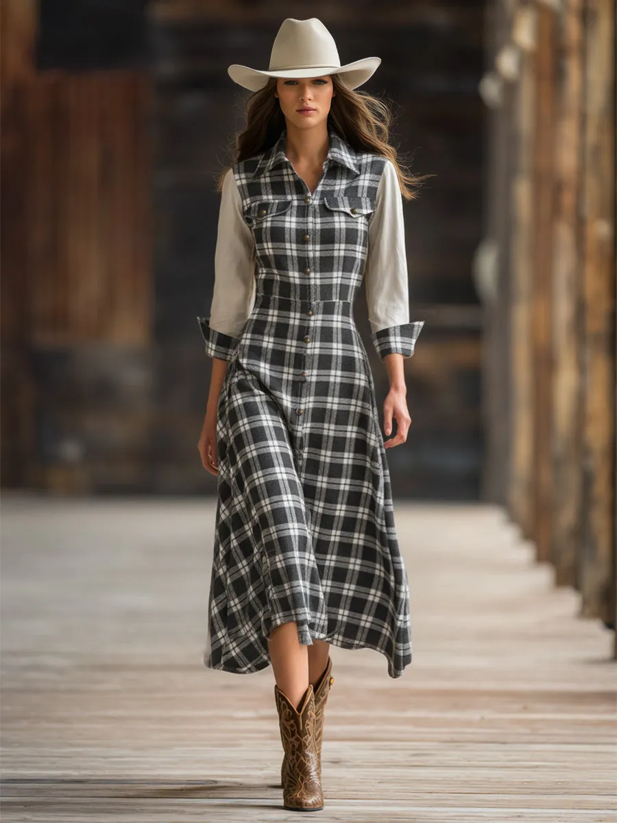 Trendy Retro Black And White Checkered Patchwork White Long-sleeved Midi Dress sold by Oyrosy product image thumbnail 2